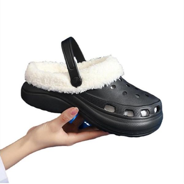 

slippers arrival ladies hole plush home detachable furry cotton slides women's warm thickened indoor shoes, Black