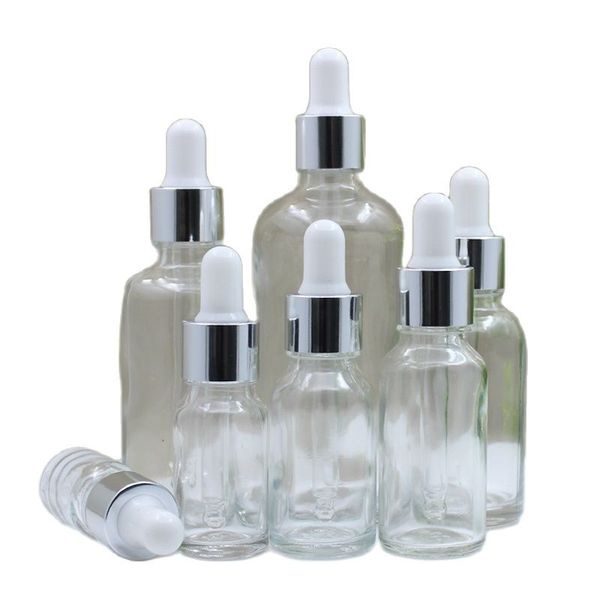 Garrafa de vidro transparente vazio Garrafa de ouro Anel de Prata Branco Borracha Top Cosméticos Petróleo Essential Container Recipiente Recipiente de Recipiente 5ml 10ML 15ML 20ML 30ML 50ML 100ML