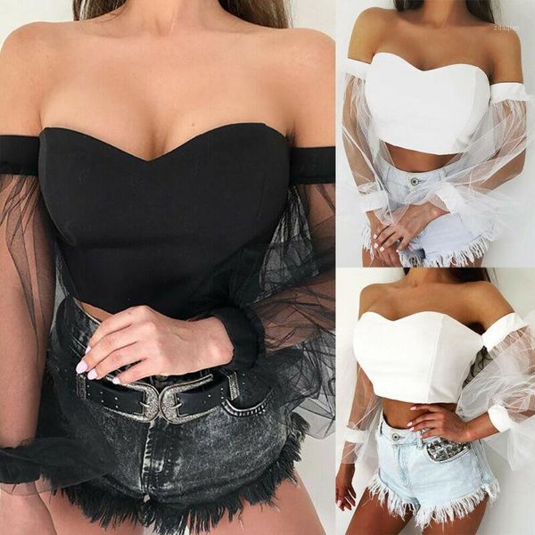 

women's blouses & shirts off shoulder bustier women mesh spliced blouse puff long sleeve slim fashion shirt female cropped tube co, White