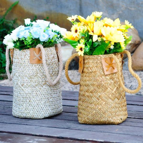 

storage baskets handmade rattan foldable laundry straw patchwork wicker seagrass belly garden flower pot plante basket