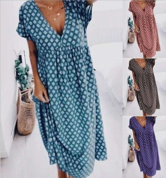

2020 women's summer print v-neck short sleeve casual dress, Black;gray