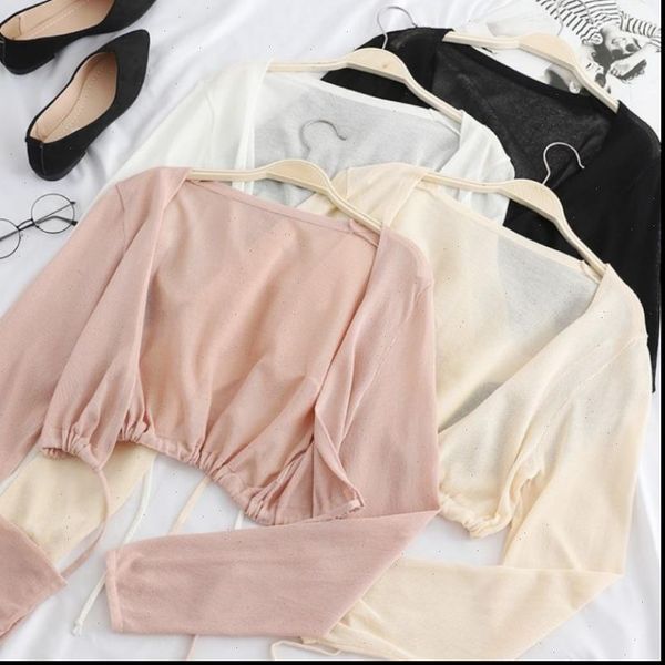 

fashion women sweater womens solid loose long sleeve thin sun protection kimono lace up knitted cardigan blouse, White;black