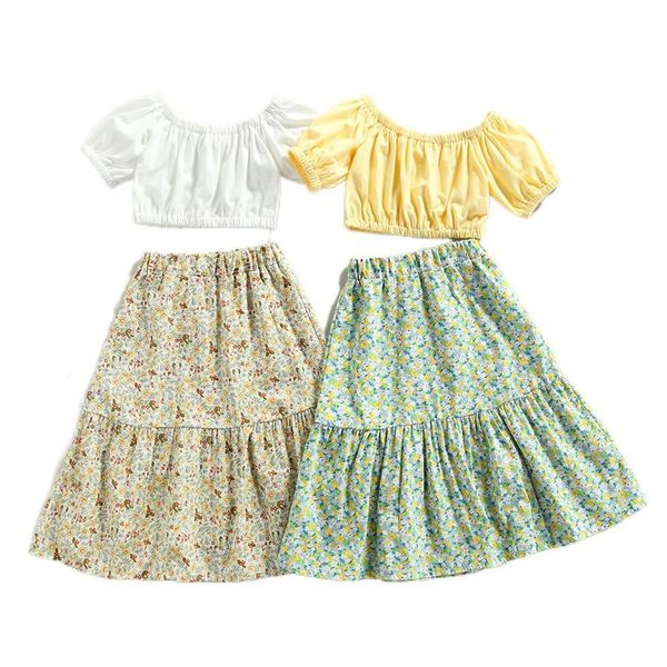 

clothing sets 2pcs kids girls casual suit set, summer solid color o-neck short sleeve crop + floral print long skirt, 2-7 years, White