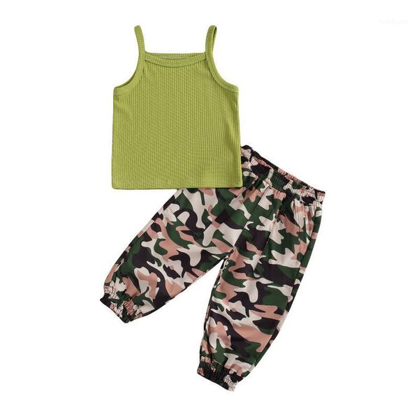 

clothing sets 2021 fashion kid girls summer clothes 2pcs solid sleeveless strap t shirts camouflage pants outfit1, White