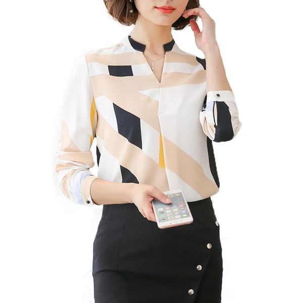

women's blouses & shirts volocean 2021 chiffon women blouse autumn winter geometric shirt v-neck blusas kimono hem casual plus size tee, White