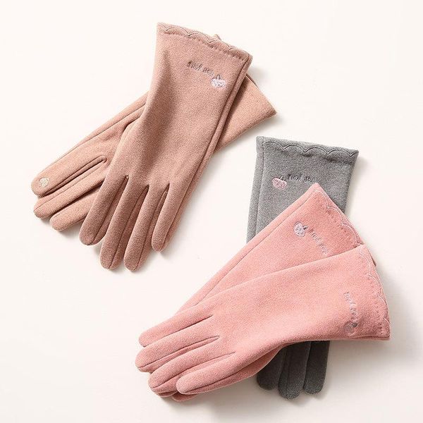 

five fingers gloves autumn winter embroidery letter touch screen driving mitten women velvet cashmere full finger warm sport cycling glove f, Blue;gray