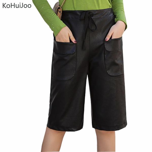 

women's pants & capris kohuijoo women knee length lady casual drawstring chic pu fauxleather high waist five point trousers female red, Black;white