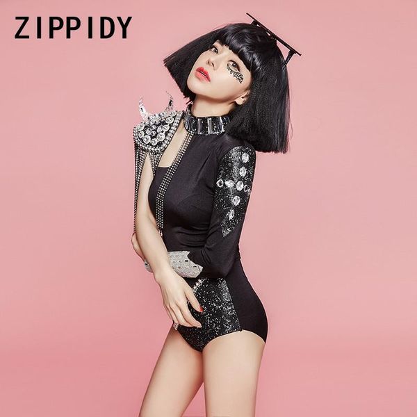 

fashion glisten rhinestones tassel single sleeve black stretch hollow unique women's stage wear dancer show nightclub costume jumpsuits, Black;white