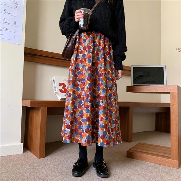 

corduroy floral elastic high waist pleated skirt vintage women 2021 winter autumn casual thin sweet long korean wild skirts, Black