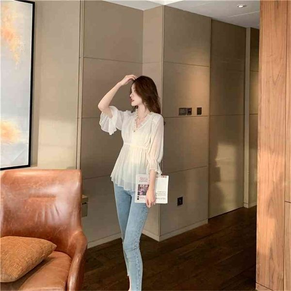 

womens and blouses cotton linen blouse button solid v-neck ladies lace women shirts 210507, White