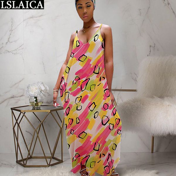 

colorful geometric patchwork long dress women sleeveless backless spaghetti strap plus size streetwear casual 210520, Black;gray