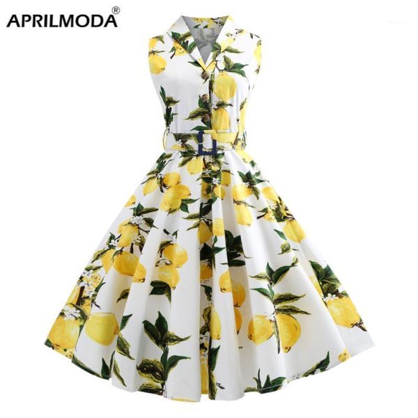 

sleeveless 60s retro vintage women dress 5xl plus size lemon jurken yellow blue white floral printed rockabilly swing vestidos casual dresse, Black;gray