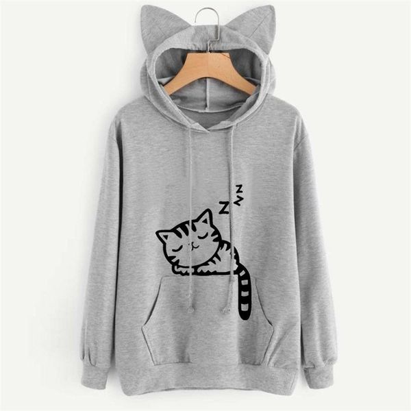

selling cat animal print hooded sweater with loose fleece printing, Black