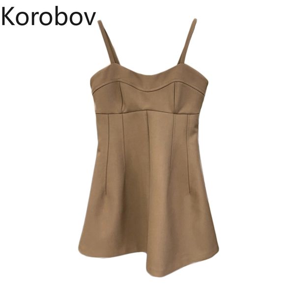 

korobov korean new chic women dress summer mini dresses high waist spaghetti strap a-line slim robe femme 210430, Black;gray