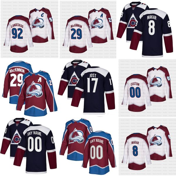 

mens womens kids youth custom 2021-22 white colorado avalanche 29 nathan mackinnon tyson barrie gabriel landeskog 8 cale makar erik johnson, Black;red