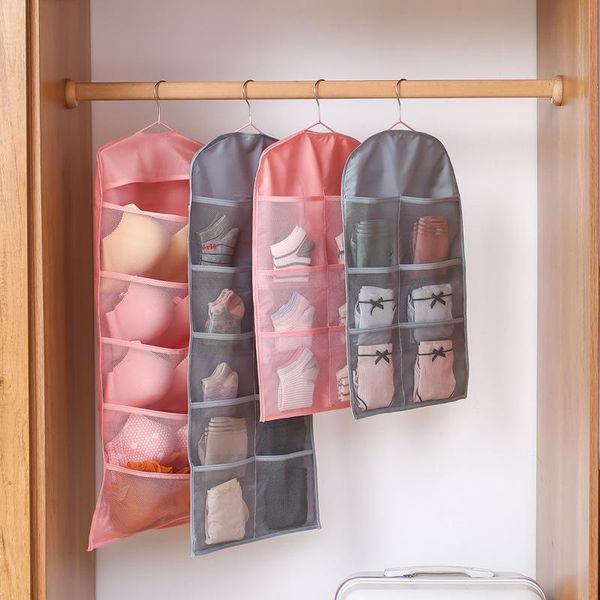 

1pc fashion double-sided underwear storage hanging bag clear wardrobe finishing bra sock organizer with hanger boxes & bins