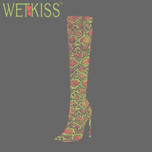

boots wetkiss colorful snake skin pu women high heels boot female party shoes ladies pointed toe thigh winter, Black