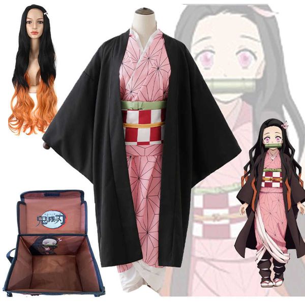 Cosplay Anime Dämon Slayer Kimetsu Keine Yaiba Kamado Nezuko Volles Kostüm Einschließlich Set Perücke Schuhe Rucksack Frau Cosplay Kostüm Y0903