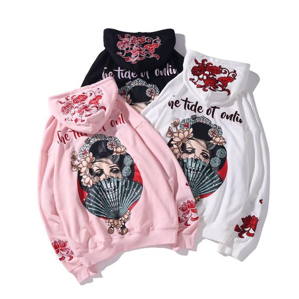

men hip hop hoodie sweatshirt japanese geisha harajuku streetwear embroidered flower hoodies pullover cotton autumn japan style men's &, Black