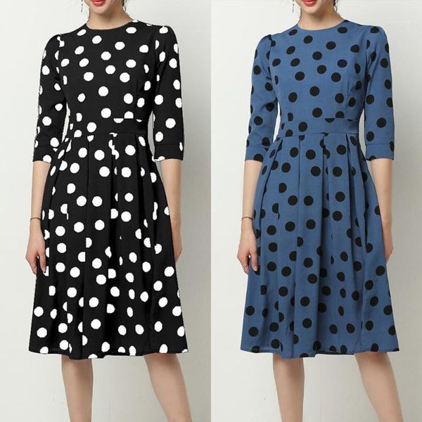 

fashion women o-neck dresses summer polka dot print three quarter sleeve casual beach holiday sundress elegant party dress #t3g, Black;gray