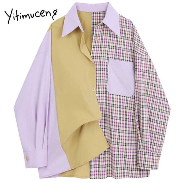 

yitimuceng plaid patchwork blouse women button shirts loose spring turn-down collar long sleeve casual pockets 210601, White