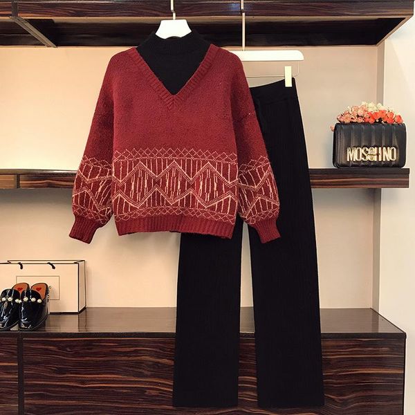 

women's two piece pants plus size fall winter knitted set for women vintage turtleneck long sleeve pullover sweater and wide leg 4xl, White
