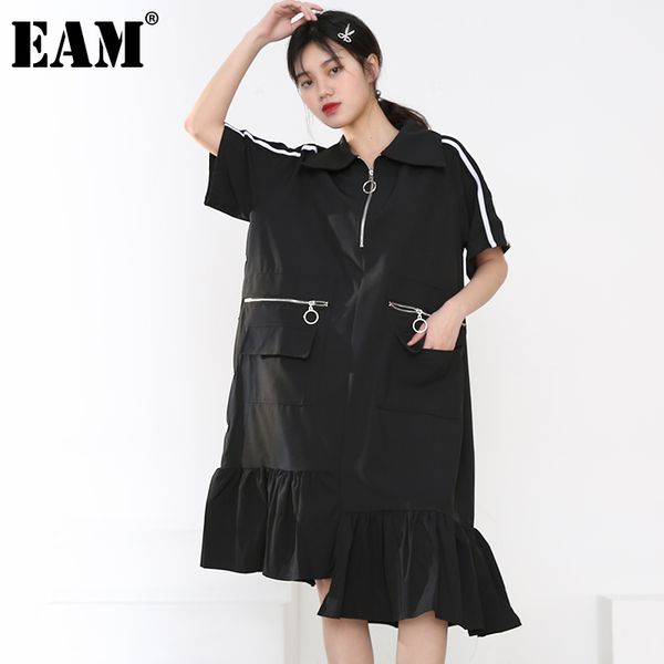 

[eam] women black pleated ruffle pocket zipper dress lapel half sleeve loose fit fashion spring summer 1dd7307 210512, Black;gray