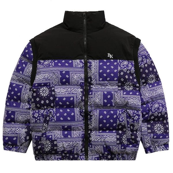 

men's jackets winter harajuku thick warm cashew flowers printed jacket parkas mens loose zipper removable sleeve hipster streetwear, Black;brown