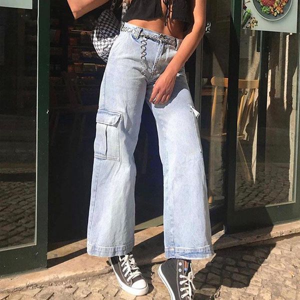 

women's jeans casual high waist denim pants vintage pockets straight trousers ladies fashion korean loose streetwear baggy women, Blue