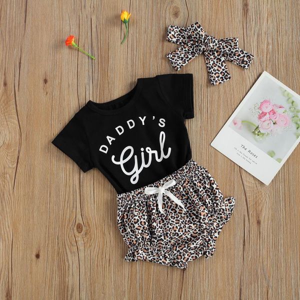 

born baby girls 3-piece outfit set short sleeve letter print romper leopard shorts+headband fashion 2021 clothing sets, White