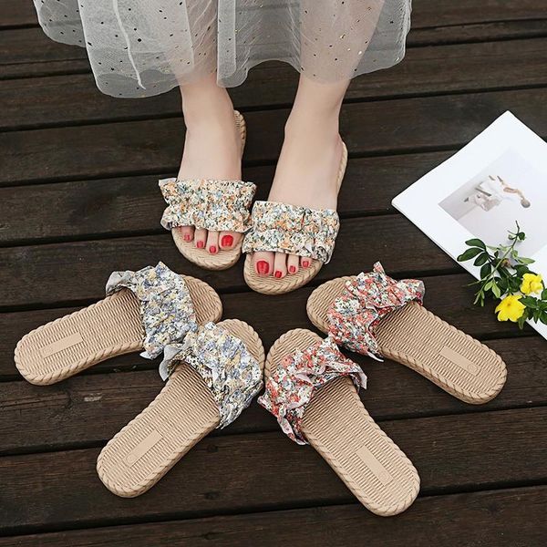 

shoes women lady flower slippers casual slides low pantofle soft girl luxury flat summer 2021 basic hoof heels pu fashion fabri, Black