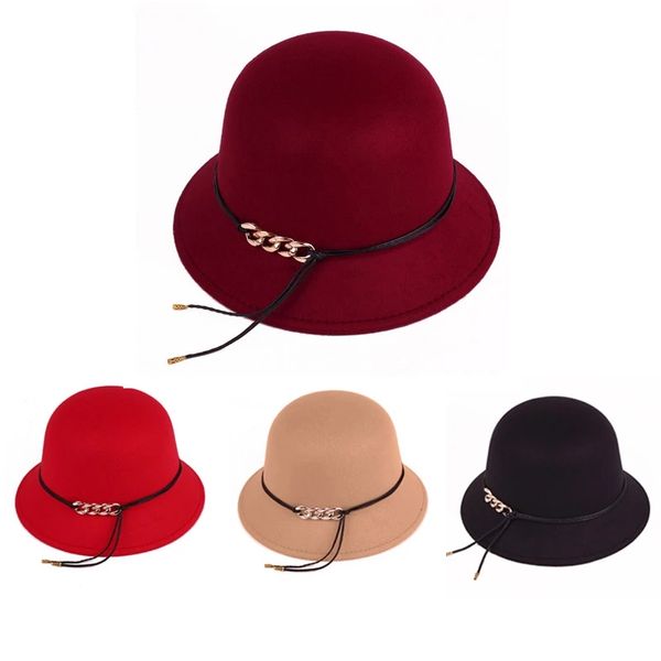 Мода Fedoras Top Hat для женщин Дамы сплошной цвет осенью зима с золотой цепью шерстяной шерстяной колпачок женские ведры шляпа подарок
