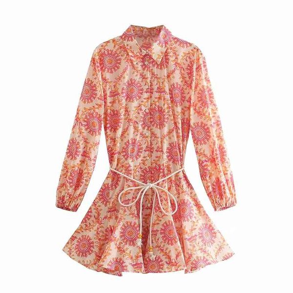 

summer women vintage floral print big swing ruffles mini dress female breasted lace up sashes dressese 210531, Black;gray