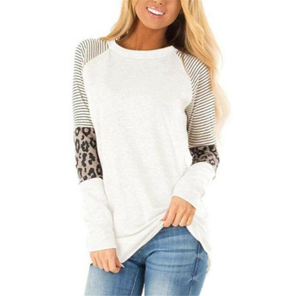 

women's t-shirt fashion casual women autumn patchwork striped long sleeve round neck t shirt pullover, White