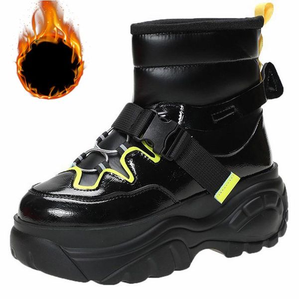 

boots women's snow 2021 winter warm plush matte leather high shoes fashion casual sneaker female, Black
