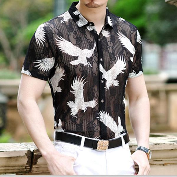 

men's casual shirts fashion summer silk shirt men black short sleeves thin hollow out see through mesh eagle print, White;black