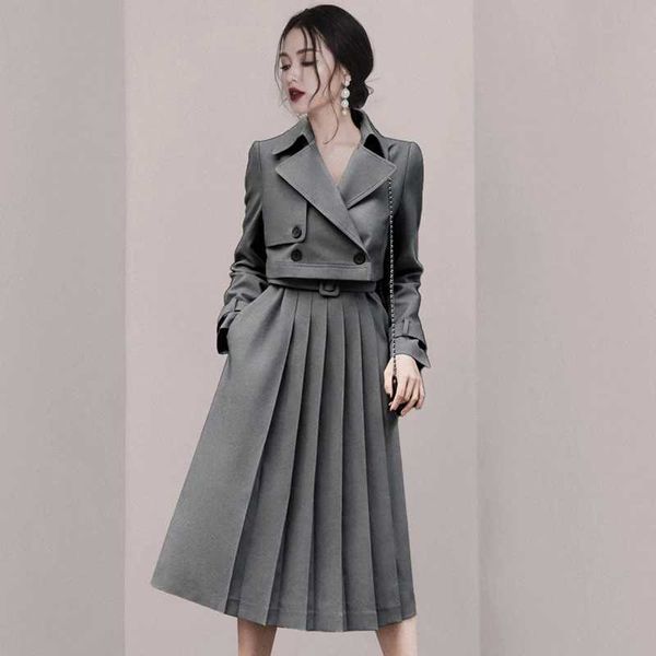 

korean spring fashion two piece set women crop blazer jacket coat + pleated midi skirt suits slim 2 210529, White