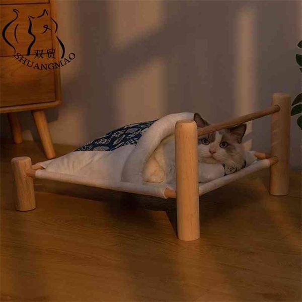 Shuangmao animal de estimação gato cama removível saco de dormir cama para espreguiçadeira gatos de madeira casa inverno quente animais de estimação cama pequeno cães sofá tapete 210722