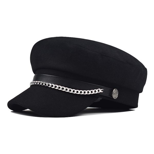 

lx brand new woolen pu chain beret metal octagonal cap korean female english fashion chain military cap, Blue;gray