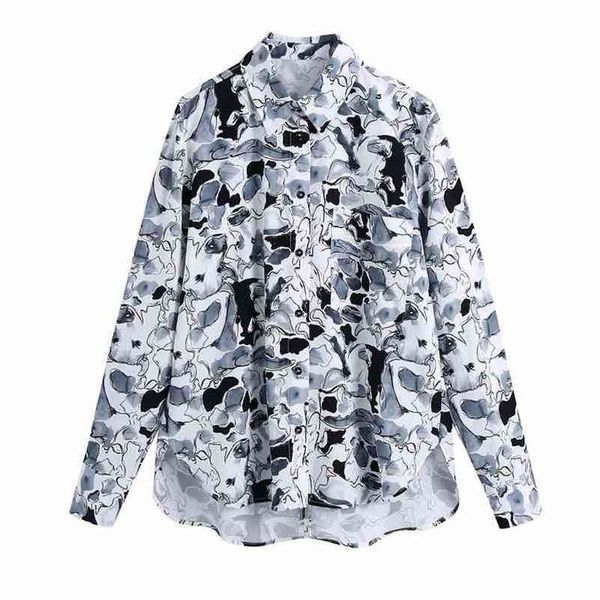 

streetwear women chinese ink print shirts fashion ladies turn down collar elegant female chic pocket blouses 210527, White