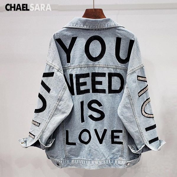 

women's jackets vintage letter embroidery jeans jacket women spring autumn diamonds denim coat female casual loose outwear, Black;brown