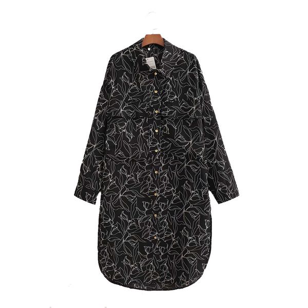 

women dress print button long sleeves turn-down collar mid-calf shirt style female fashion casual clothes 210517, Black;gray