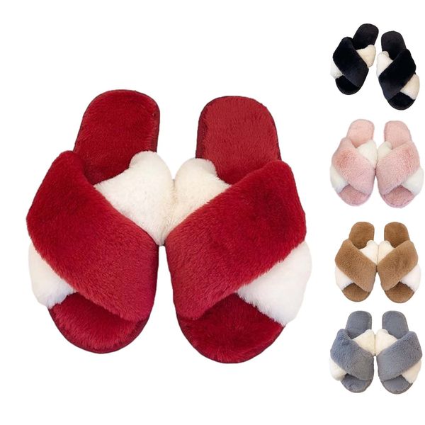 

plush cotton slippers woman color-blocking cross band flip flop imitation fur plush flat shoes indoor outdoor lady slippers, Black