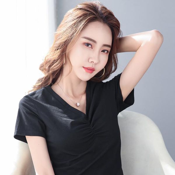 

women's t-shirt casual short sleeve korean slim basic cotton 2021 v-neck femme, White