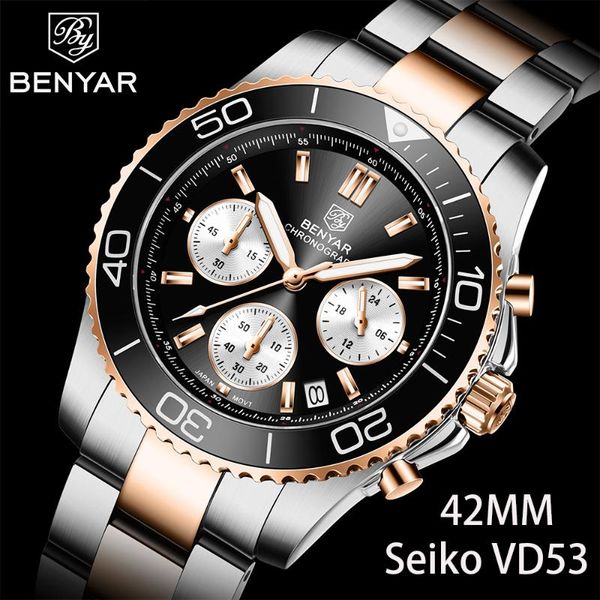 

wristwatches benyar men's fashion sports multifunctional timing code meter luxury quartz watch stainless steel automatic waterproof clo, Slivery;brown