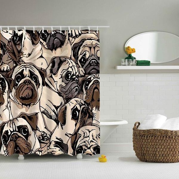 Cortinas de chuveiro pugs fofos banheiros decoração de cachorro padrão de cachorro decoração de casa cortina à prova d'água frabic