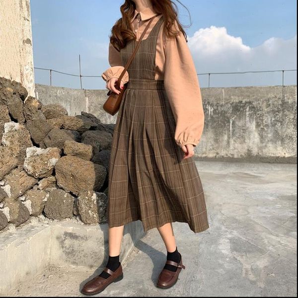 

women tracksuits autumn vintage high waist plaid preppy style brace strap a line pleated dress puff sleeve blouse shirt, Gray