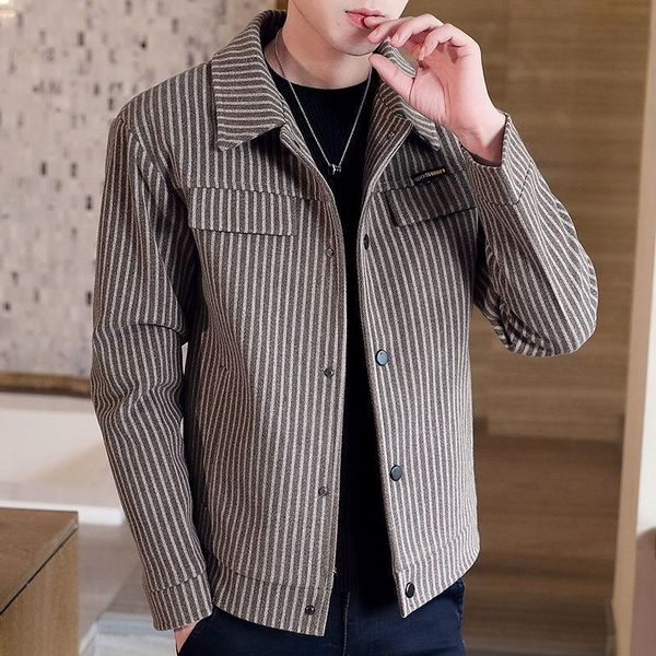 

men's wool & blends 2021 men autumn winter slim striped woolen coats short cloth outwear male thicken warm casual overcoats, Black