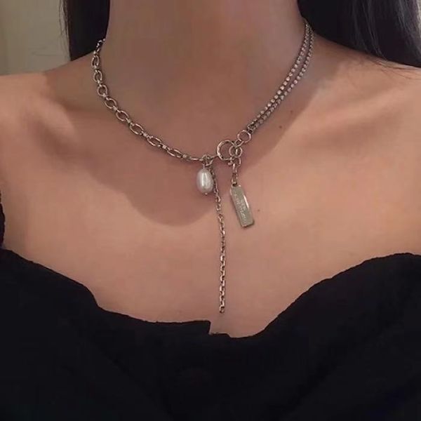

titanium steel non-fading stitching style cold wind temperament necklaces clavicle simple chain girls' gift, Silver