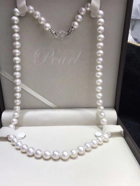 

chokers classic 9-10mm south sea round white pearl necklace 24inch 925s, Golden;silver